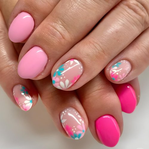 Flower Press on Nails Almond Fake Nails Cute Floral Glue on Nails Full Cover Oval Shaped False Nails with Small Pink Flowers Cute Spring Summer Glue on Nails Short Almond Acrylic Nails for Women