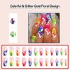 ANDGING Coffin Press on Nails Medium Long Colorful Neon Fake Nails with Glitter Gold Red Floral Design Acrylic Glue on Nails for Wedding Birthday False Nails 24Pcs Women Stick on Nail with Glue QL8IP