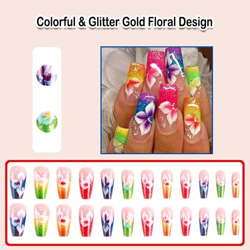 ANDGING Coffin Press on Nails Medium Long Colorful Neon Fake Nails with Glitter Gold Red Floral Design Acrylic Glue on Nails for Wedding Birthday False Nails 24Pcs Women Stick on Nail with Glue QL8IP