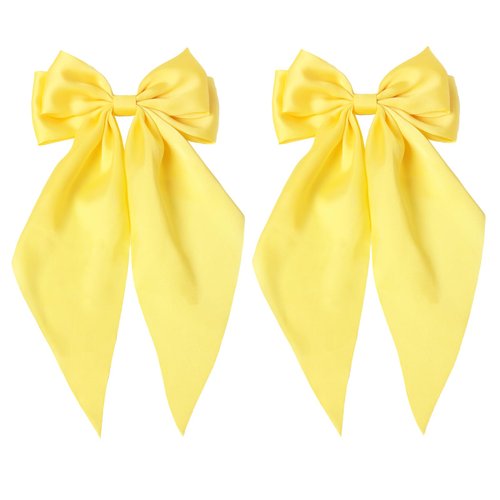 Furling Pompoms Hair Bows for Women - Pack of 2 Yellow Hair Bow Clips for Girls Satin Big Bows Long Tail Alligator Clip Ribbon Hair Barrette Hair Accessories for Bridal Bachelorette Party