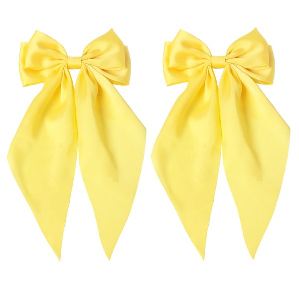 Furling Pompoms Hair Bows for Women - Pack of 2 Yellow Hair Bow Clips for Girls Satin Big Bows Long Tail Alligator Clip Ribbon Hair Barrette Hair Accessories for Bridal Bachelorette Party