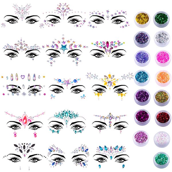 Duufin 15 Sets Face Jewels Stickers Face Gems Glitter Mermaid Face Crystal with 15 Boxes Chunky Face Glitter Temporary Tattoos for Festival Rave Carnival Party