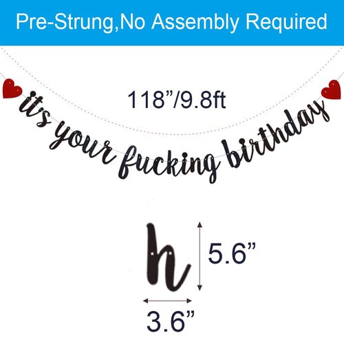 It's Your Fucking Birthday Banner, Pre-Strung, Funny Black Paper Glitter Party Decorations for Adult Birthday Party Supplies, Letters Black,ABCpartyland