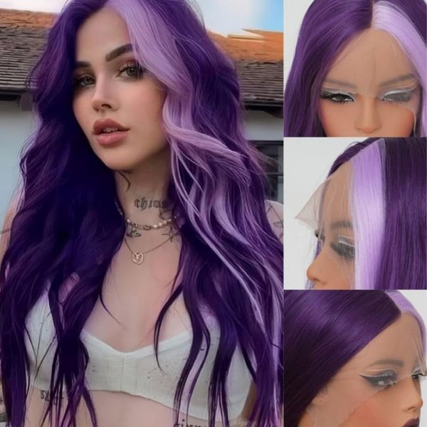 Siudus Purple Lace Front Wig Highlight Long Curly Wavy Synthetic Heat Resistant Fiber Wigs for Women Cosplay Daily Party Wigs