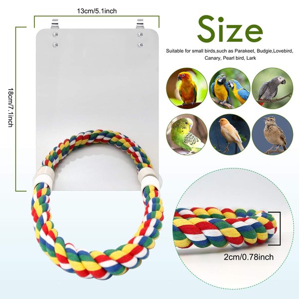 BWOGUE 7 Inch Bird Mirror with Rope Perch Cockatiel Mirror for Cage Bird Toys Swing Parrot Cage Toys for Parakeet Cockatoo Cockatiel Conure Lovebirds Finch Canaries
