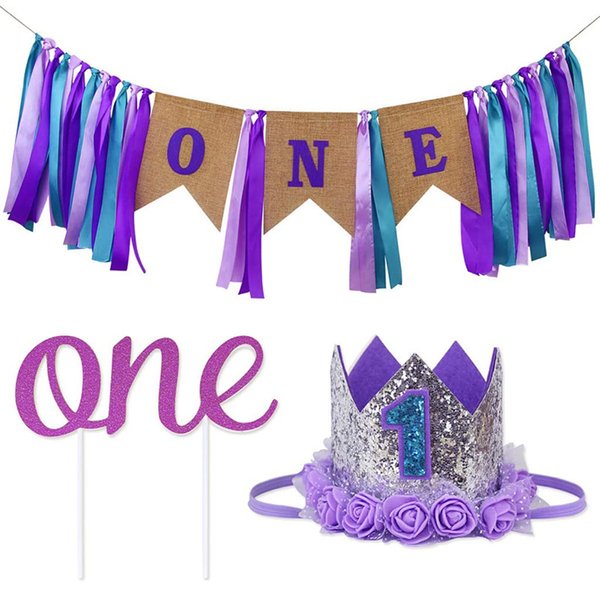 Ornaous Baby Girl 1st Birthday Party Decorations Set, First Birthday Hat and One Highchair Banner Cake Topper for Party Supplies (Purple)