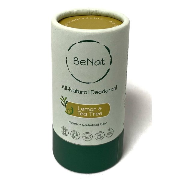 BeNat All Natural Deodorant Plastic Free For Women & Men Aluminum Free, Gluten Free & Cruelty Free 24 Hour Long Lasting Protection Zero Waste Eco Friendly Lemon & Tea Tree 3 oz.