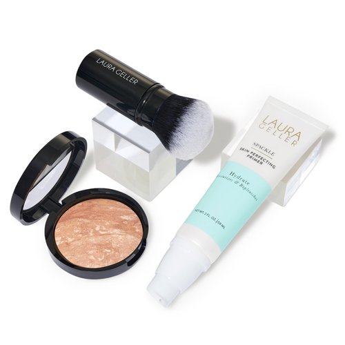 LAURA GELLER NEW YORK Laura's Must-Haves Kit 3pc: Baked Balance-n-Brighten Powder Foundation, Light + Spackle Skin Perfecting Makeup Primer, Hydrate + Airbrush Round Kabuki Brush