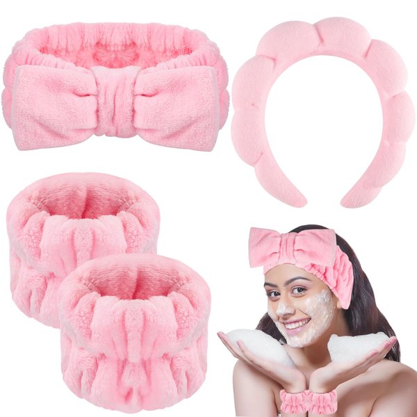 WSICSE Spa Headband for Face Washing, Pink Skincare Headbands and Wrist Washband Set Soft Makeup Headband for Women Girls Skin Care, Makeup Removal
