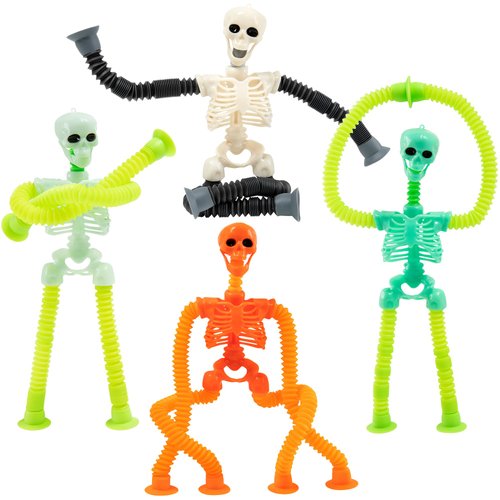 4PCS Telescopic Suction Cup Skeleton Toys, Shape Changing Telescopic Pop Tube Halloween Skeleton Fidget Toys, Skeleton Action Figure for Halloween Party Favors Kids Toddler Gift