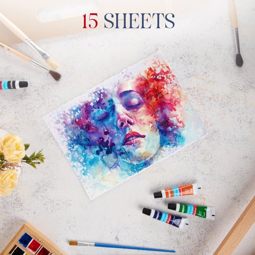 Thick Handmade Watercolor Paper with Deckled Edge A5-5.25x8.25-500GSM, Premium White Cold-Pressed Textured Mixed Media Paper Made with Recycled Cotton - 15 Loose Leaf Sheets