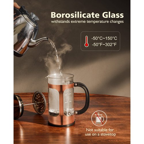 BAYKA 34 Ounce 1 Liter French Press Coffee Maker, Glass Classic Copper Stainless Steel Coffee Press, Cold Brew Heat Resistant Thickened Borosilicate Coffee Pot for Camping Travel Gifts