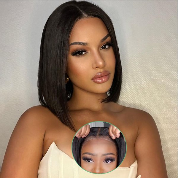 Wavymy Wear and Go Glueless Wigs Human Hair Pre Plucked Pre Cut 6x4 Bob Straight Wig Human Hair Upgraded No Glue HD Lace Front Wigs for Women Natural Hairline 180 Density Natural Color 10 inch