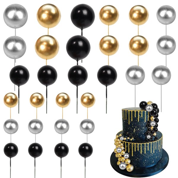 24 PCS Balls Cake Toppers Ball Cake Picks Ball Shaped Cupcake Toppers Foam Balls Cake Topper Insert Mini Balloons Cake Decorations for Wedding Baby Shower Birthday Party Supplies Black Gold Silver