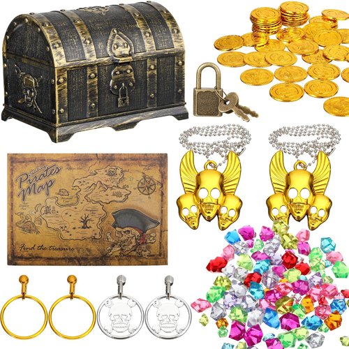 Enhon 147 Pieces Pirate Treasure Chest Toy Box with Lock and 1 Pirate Map 100 Colorful Gems 40 Pirate Coins 4 Earrings 2 Skeleton Necklaces for Halloween Pirate Themed Party Favors (Vintage Style)