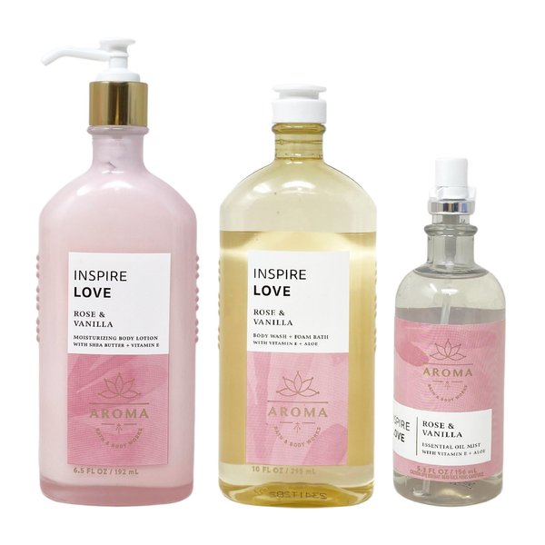 Generic Bath and Body Work Aroma Inspire Love ROSE & VANILLA Trio Set - Body Lotion - Body Wash + Foam Bath and Essential Oil Mist - Full Size, pink