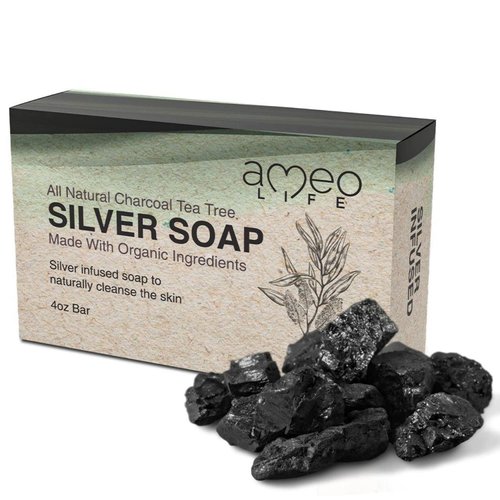 Ameo Life Charcoal Tea Tree Silver Soap with 30 ppm Silver - Naturally Cleanses the Skin, 4 oz Colloidal Silver Soap Bar for Women and Men