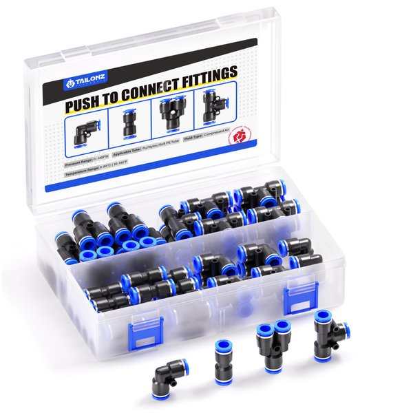 TAILONZ PNEUMATIC 1/4 Inch od Push to Connect Fittings Pneumatic Fittings Kit 10 Spliters+10 Elbows+10 tee+10 Straight (40 pcs)