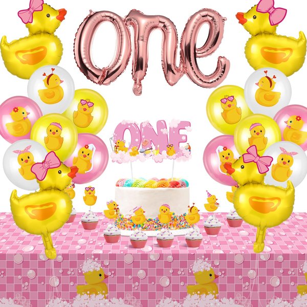 Glimin 44 Pcs Duck 1st Birthday Decorations Yellow Duck Balloon Rubber Duck Latex Balloon Animal Foil Balloon One Birthday Cake Topper Duck Party Tablecloths Duck Party Decor for Boys Girls(Cute)
