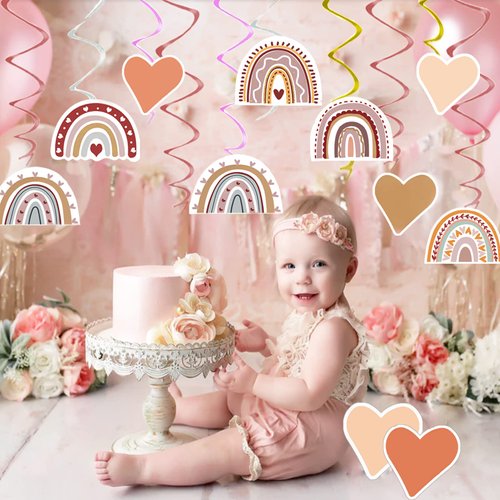 48Pcs Boho Rainbow Party Decorations, Hanging Swirl Rainbow Party Decorations, Boho Baby Shower Decorations for Classroom Home Wedding Office, Hanging Swirls Ceiling Streamers for Party Supplies