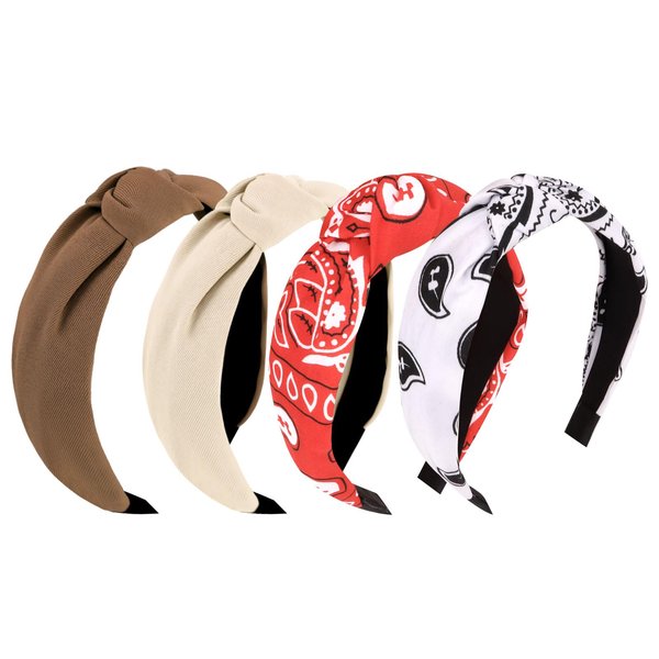 YISSION 4PCS Knotted Headbands for Women Girls Non Slip Bandana Head Bands Top Knot Headband for Women Red White Brown Khaki Headband Hair Accessories for Women