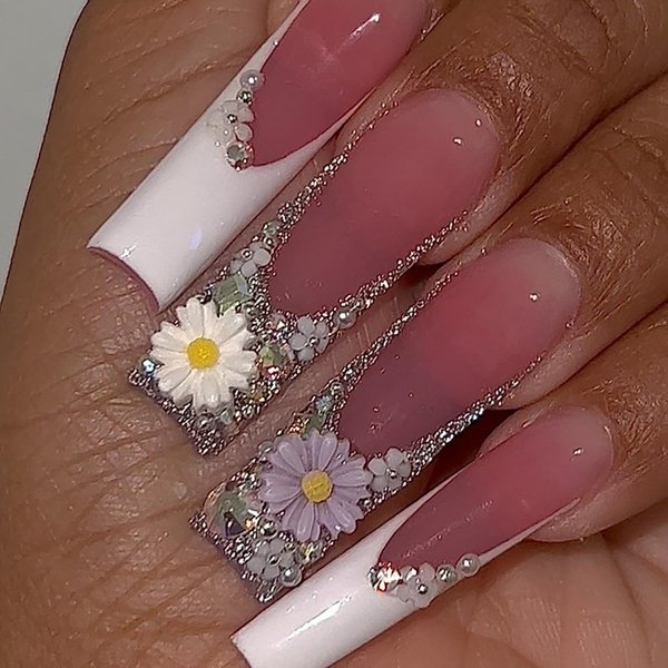 Vezocim Press on Nails Coffin Long French Tips Glossy Full Cover Acrylic Square Rhinestone Fake Nails with Flower Designs Extra Long False Nails Glue Stick on Fingernails with Charm for Women