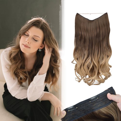 STYLERI Nvisible Wire Hair Extensions with Transparent Wire Adjustable Size 3 Secure Clips Long Wavy Secret Hairpiece 20 Inch Dark Brown Ombre to Blonde for Women Daily Use