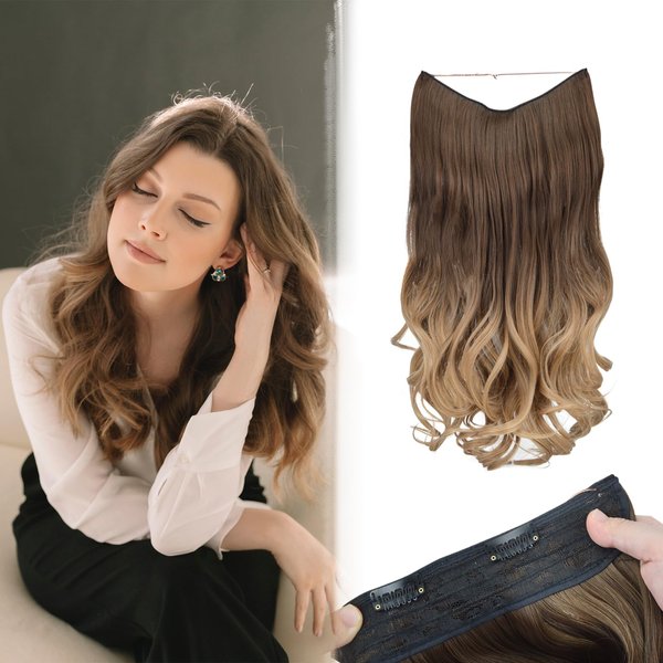 STYLERI Nvisible Wire Hair Extensions with Transparent Wire Adjustable Size 3 Secure Clips Long Wavy Secret Hairpiece 20 Inch Dark Brown Ombre to Blonde for Women Daily Use