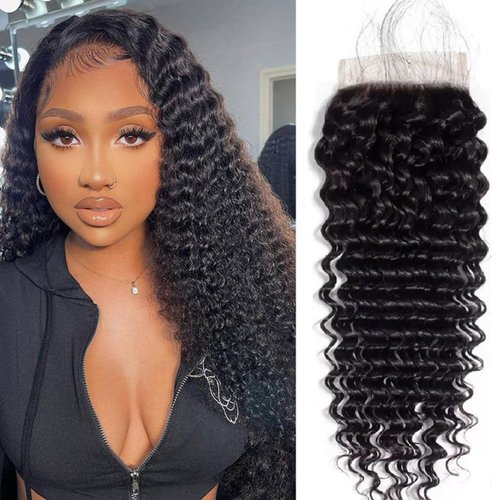 4x4 Deep Wave Lace Closure Human Hair 10 Inch Ear to Ear HD Lace Free Part Closure 100% Brazilian Virgin Human Hair Extensions 150% Density Lace Closure Pre Plucked (10 Inch, Natural Black Color)