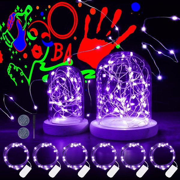 OMIKA 6 Pack Black Light Fairy Lights Battery Operated, 7Ft 20LED UV Black Christmas Lights String Flexible Waterproof Firefly Starry Lights for Halloween Christmas Bedroom Wedding Party Decoration