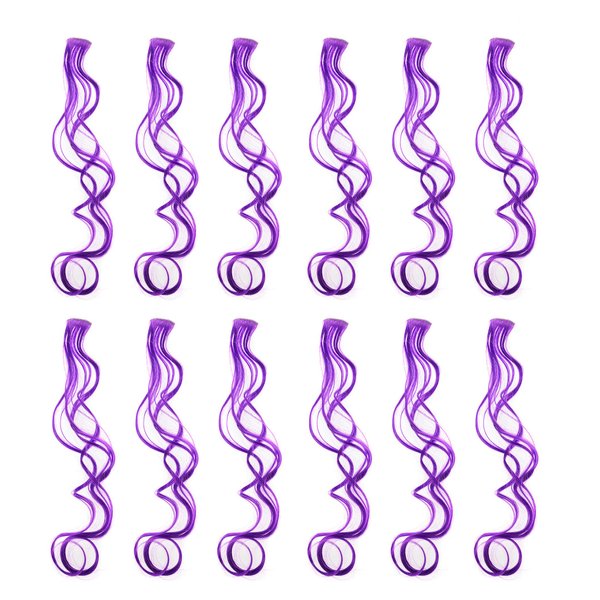 SWACC 12 Pcs Curly Wavy One Color Party Highlights Clip on in Hair Extensions Colored Hair Streak Synthetic Hairpieces (Purple)
