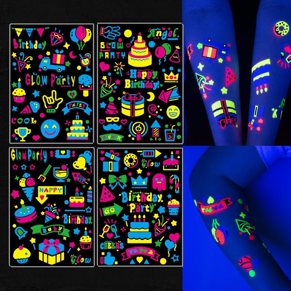 89 PCS Glow in The Dark Neon Temporary Tattoos, Fluorescence UV Blacklight Body Face Fake Tattoo Stickers for Kids Women Men, Glow Tiny Tattoo for Birthday Makeup Rave Party Accessories Decoration