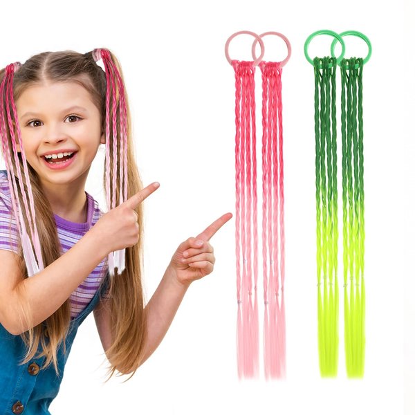 Colored Braids Hair Extensions for Kids,Girls Braided Ponytail Extension,Rubber Bands Hair Extensions,Rainbow Braided Synthetic Hairpieces,Crazy Hair Day Accessories,Cosplay Dress Up,Mardi gras FH-04