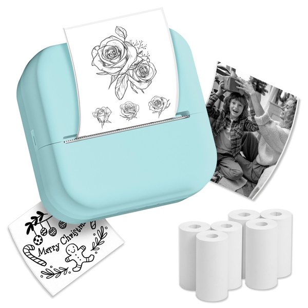 Mandizza M02L Pocket Printer with 6 Rolls Paper,Replace T02 Thermal Mini Printer Portable Sticker Printer Gift for Valentine's Day, School, Photos,Study Notes, Scrapbook, Birthday-Green