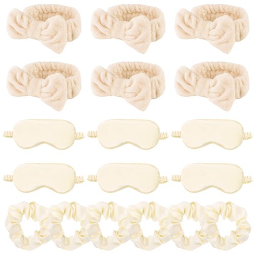 WHAVEL 18 Pcs Sleepover Party Supplies for Girls - Party Favors Include 6 Spa Headband, 6 Silk Eye Mask and 6 Stain Scrunchies for Spa Birthday, Bachelorette Party, Slumber Wedding (Khaki)