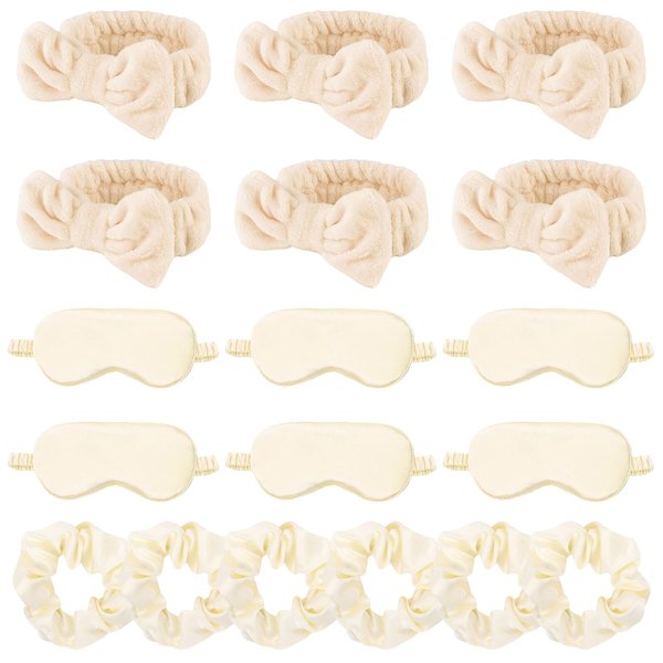 WHAVEL 18 Pcs Sleepover Party Supplies for Girls - Party Favors Include 6 Spa Headband, 6 Silk Eye Mask and 6 Stain Scrunchies for Spa Birthday, Bachelorette Party, Slumber Wedding (Khaki)