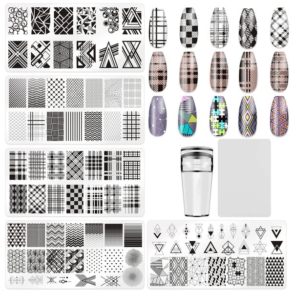 KAAGEE 5Pcs Nail Stamping Plates Plaid Nail Stamps Nail Art Stamping Plates Geometry Nail Stencils Nail Plate Template Nail Art Stamping Kit Nails Accessories with 1 Nail Stamper, 1 Scraper