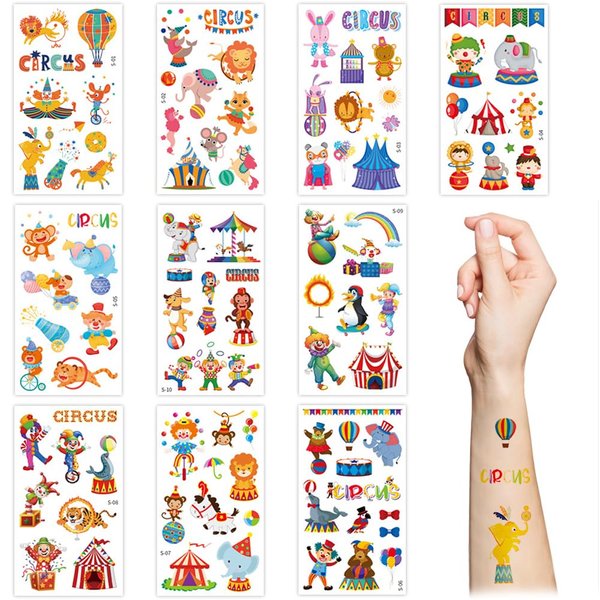 Circus Temporary Tattoos,10 Sheets Circus Carnival Fake Tattoo Stickers Waterproof Cute Cartoon Tattoos for Boys Girls Kids Party Supplies