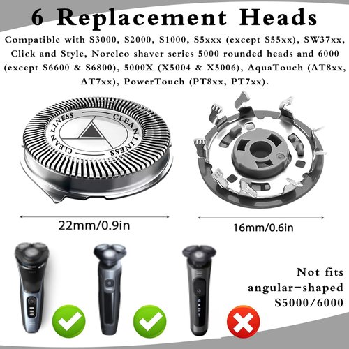 6 Pack SH30 Replacement Heads Compatible with Philips Norelco Series 3000, 2000 1000 SW37XX XZ58X Click and Style, Replacement Blades ComfortCut for Wet Dry Electric Razor Shaving with Cleaning Brush