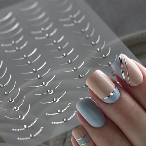 Simple Lines Nail Stickers for Nail Art 6Sheets French Tip Nail Art Stickers Curved Stripe Nail Supplies Crystal Diamond Nail Design Sticker French Gold Silver Line Nail Decals for Nail Art Decoration