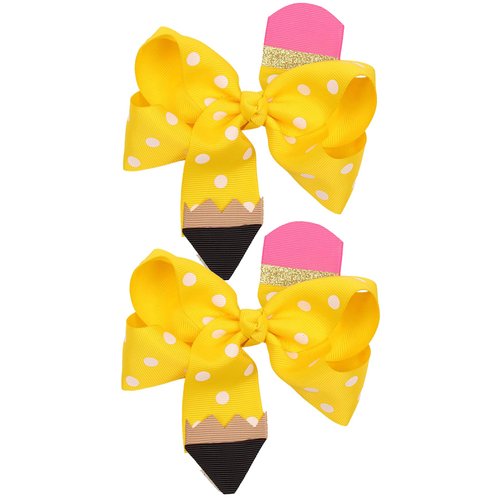 School Bow Cheer Bow Clip, Back to School Hair Bow Ponytail Holder, Pencil Girls Hair Clips ZFJ26 (2pcs Yellow Dot Clips)