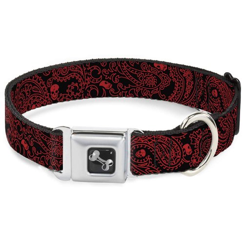 Buckle-Down Seatbelt Buckle Dog Collar - Bandana/Skulls Black/Red - 1" Wide - Fits 11-17" Neck - Medium