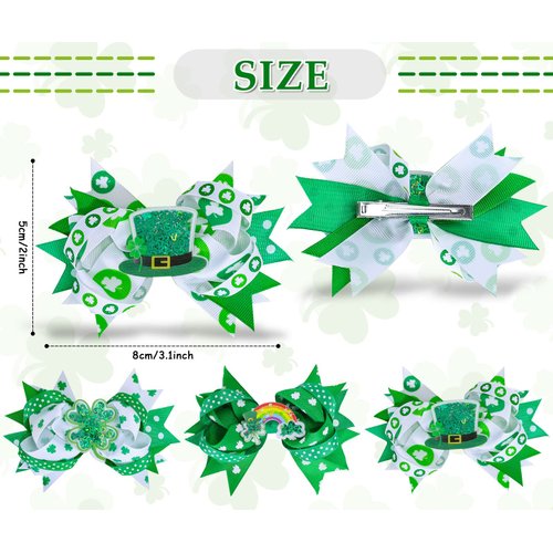 Whaline 3Pcs St. Patrick's Day Hair Bow Clips Shamrock Grosgrain Ribbon Bow Hair Pins Green White Clover Bow Alligator Hair Barrettes for Toddlers Girls Kids Irish Holiday Party Hair Accessories