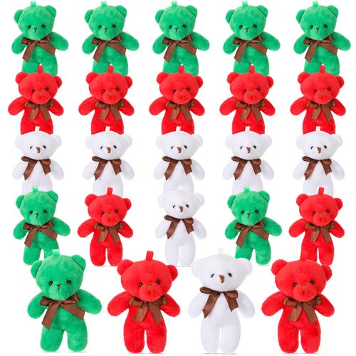 Liliful 24 Pcs 4.5 Inch Stuffed Animals Soft Plush Bears Doll with Ribbon Bow Mini Bears for Boys Girls Birthday Decoration Gift Bear Baby Shower Favors (Red Green White)