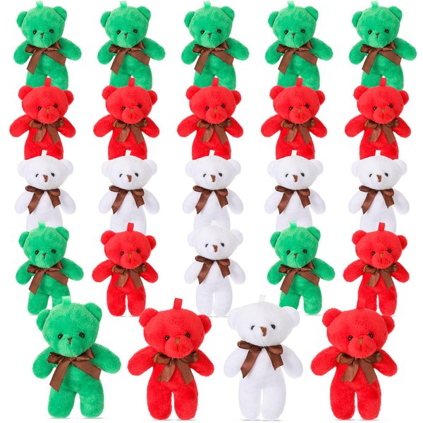 Liliful 24 Pcs 4.5 Inch Stuffed Animals Soft Plush Bears Doll with Ribbon Bow Mini Bears for Boys Girls Birthday Decoration Gift Bear Baby Shower Favors (Red Green White)