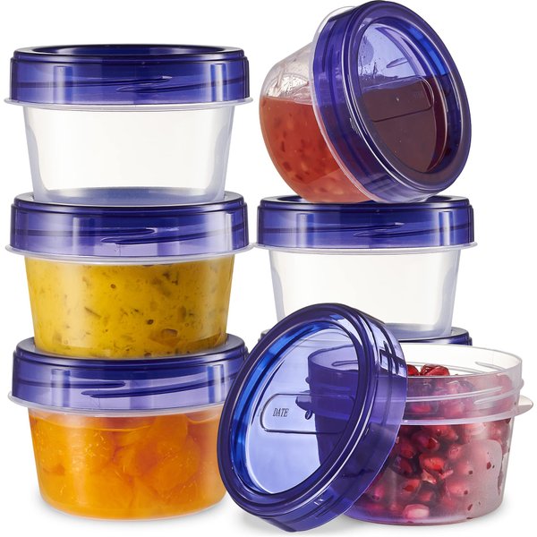 PLASTICPRO 6 Pack Twist Cap Food Storage Containers with Blue Screw on Lid- 4 oz Reusable Meal Prep Containers - Small Freezer Containers Microwave Safe Blue Plastic Food Storage