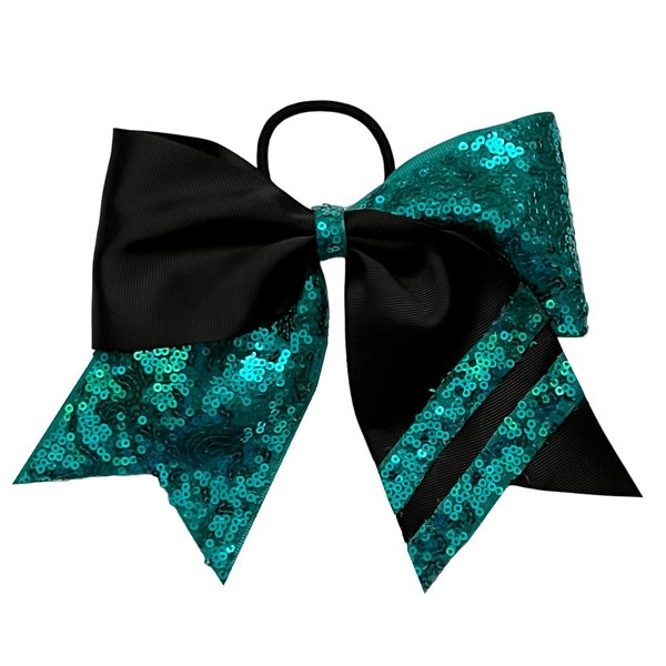 New "SEQUIN STRIPES Teal Black" Cheer Bow Pony Tail 7 Inch Girls Hair Bows Cheerleading Dance Practice Football Games Competition Birthday Grosgrain Ribbon Teal Out Ovarian Cancer Awareness