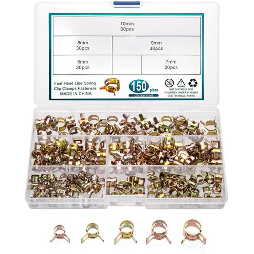 KOXXIAMOQ 150 Pcs Fuel Line Spring Hose Clamps, Spring Band Type Spring Clips Clamps Kit, Silicone Vacuum Hose Water Pipe Air Tube Low Pressure Clamps Fastener Assortment Kit - 6mm/7mm/8mm/9mm/10mm