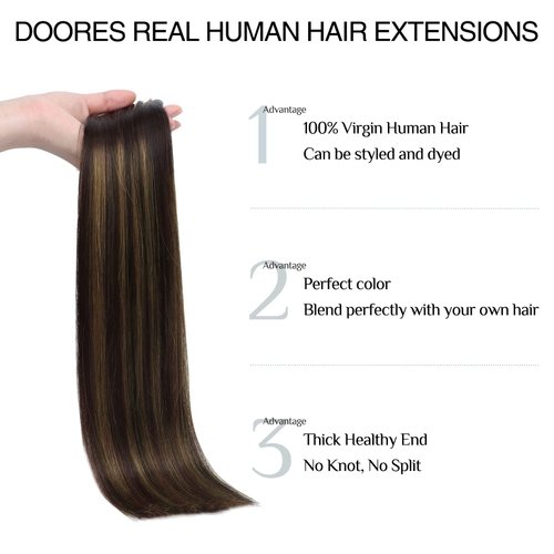 DOORES Seamless Clip in Hair Extensions Real Human Hair, Dark Brown to Chestnut Brown 18 Inch 7pcs 110g, Human Hair Extensions Seamless Clip in Hair Extensions Straight Invisi Edge Hair Extensions