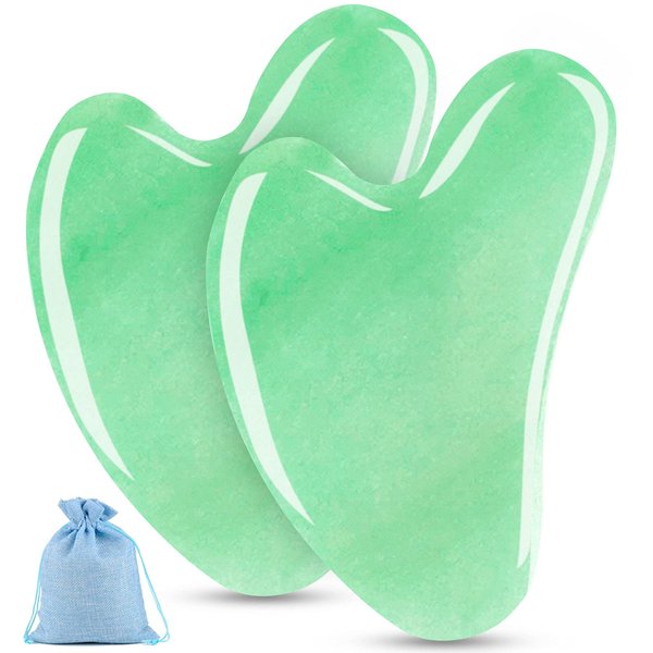 esur Jade Gua Sha Facial Tool Set, 2 Pack Guasha Tool for Face Massager, Natural Jade Stone Face Scraper for Eyes, Chin, Neck and Body Muscle Relaxing and Relieve, Gifts for Women